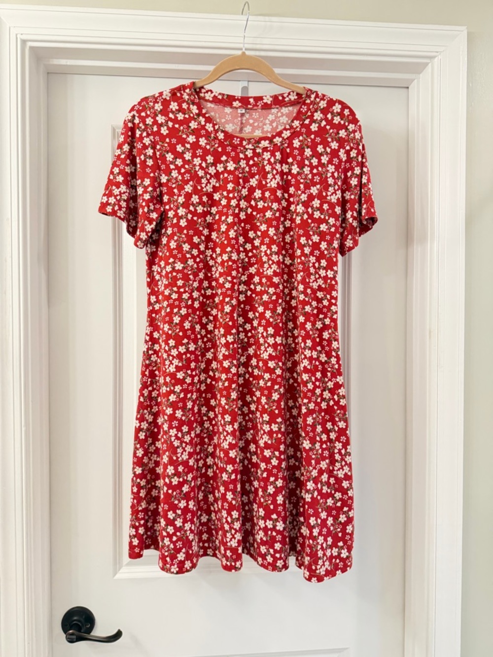 Red Floral Short Sleeve Swing Dress